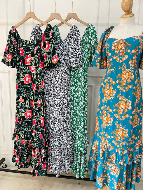 Summer Floral Puffer Sleeves Long Tiered Maxi Dress